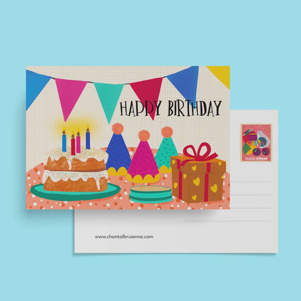 Colorful birthday postcard with cake and gifts illustration.