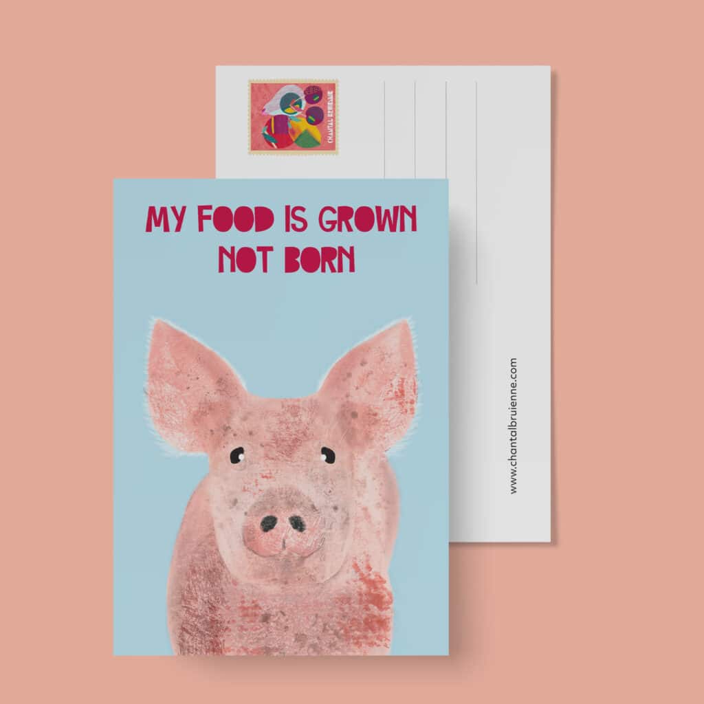 Postcard with pig illustration promoting plant-based food.