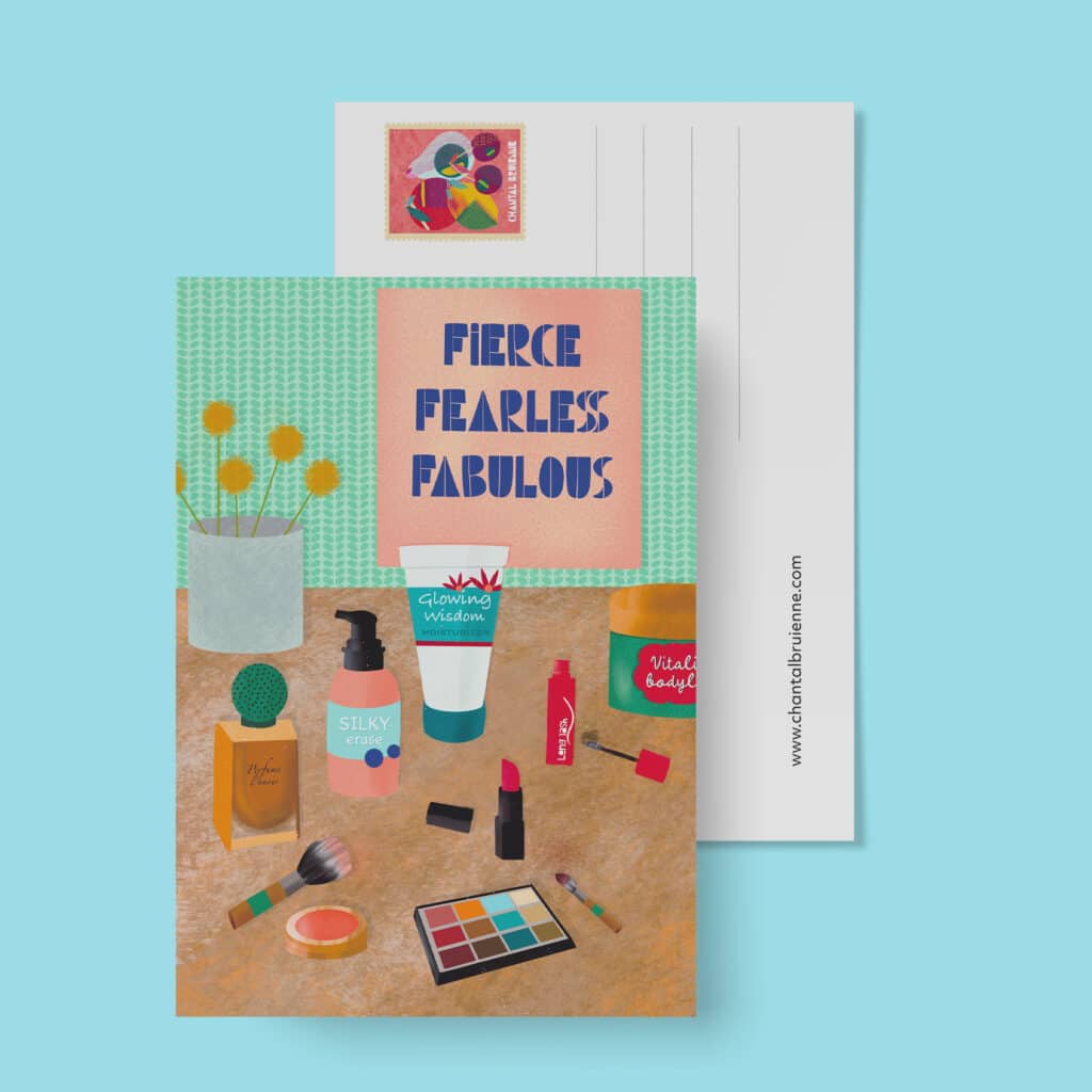 Motivational beauty poster with cosmetics and flowers postcard.