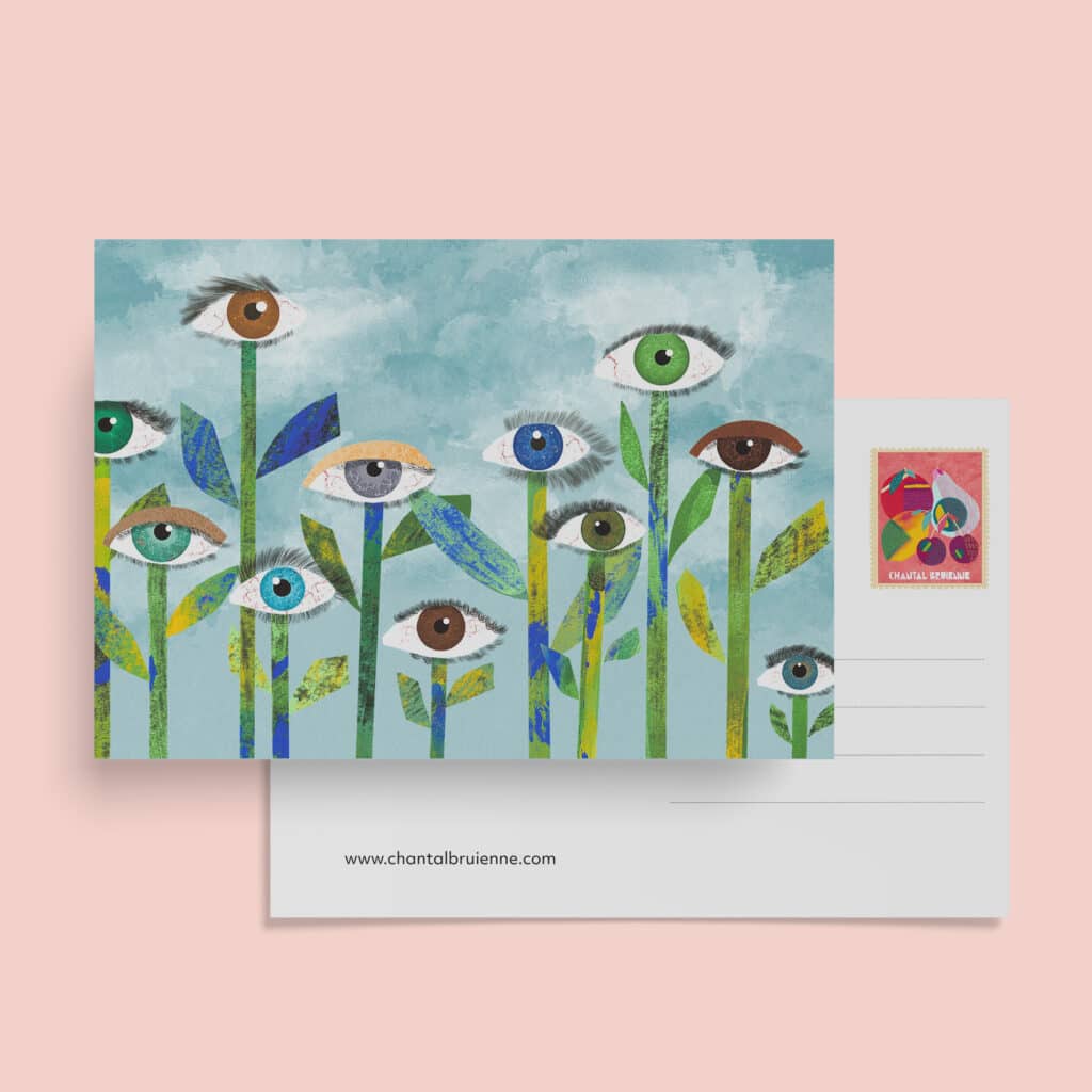 Artistic postcard with whimsical eye-flowers design.