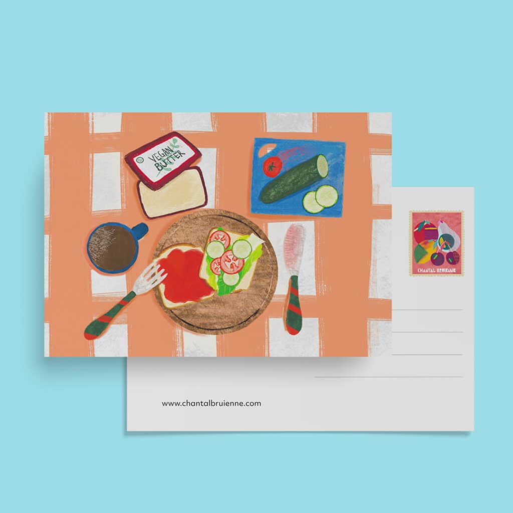 Colorful illustrated vegan breakfast postcard design.