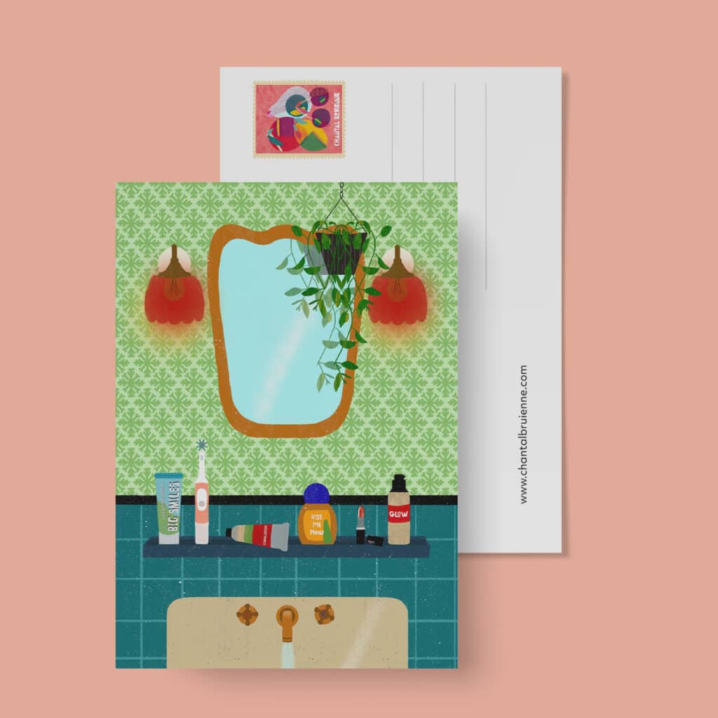 Illustrated bathroom sink with mirror and hanging plant postcard.
