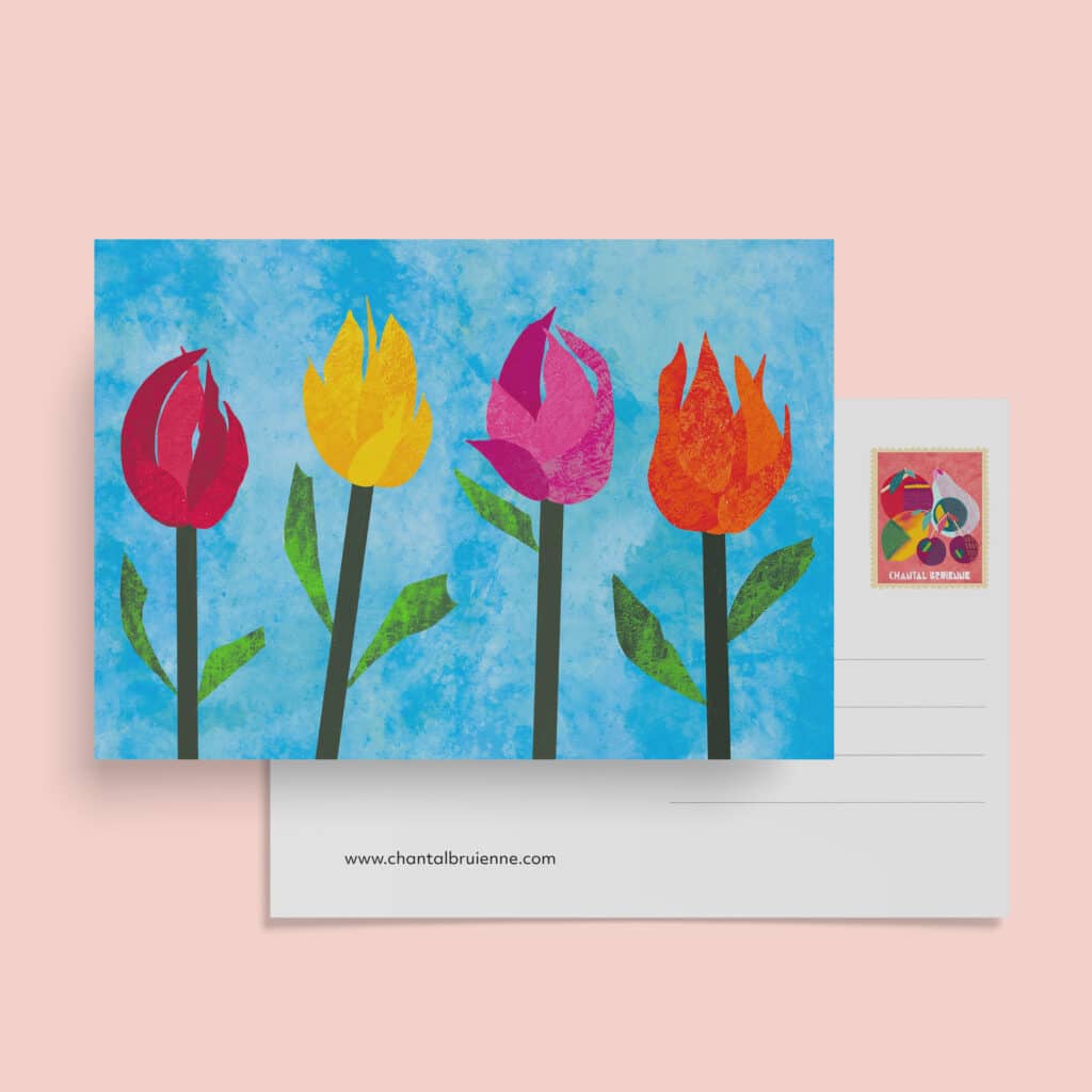Colorful illustrated tulips on postcard