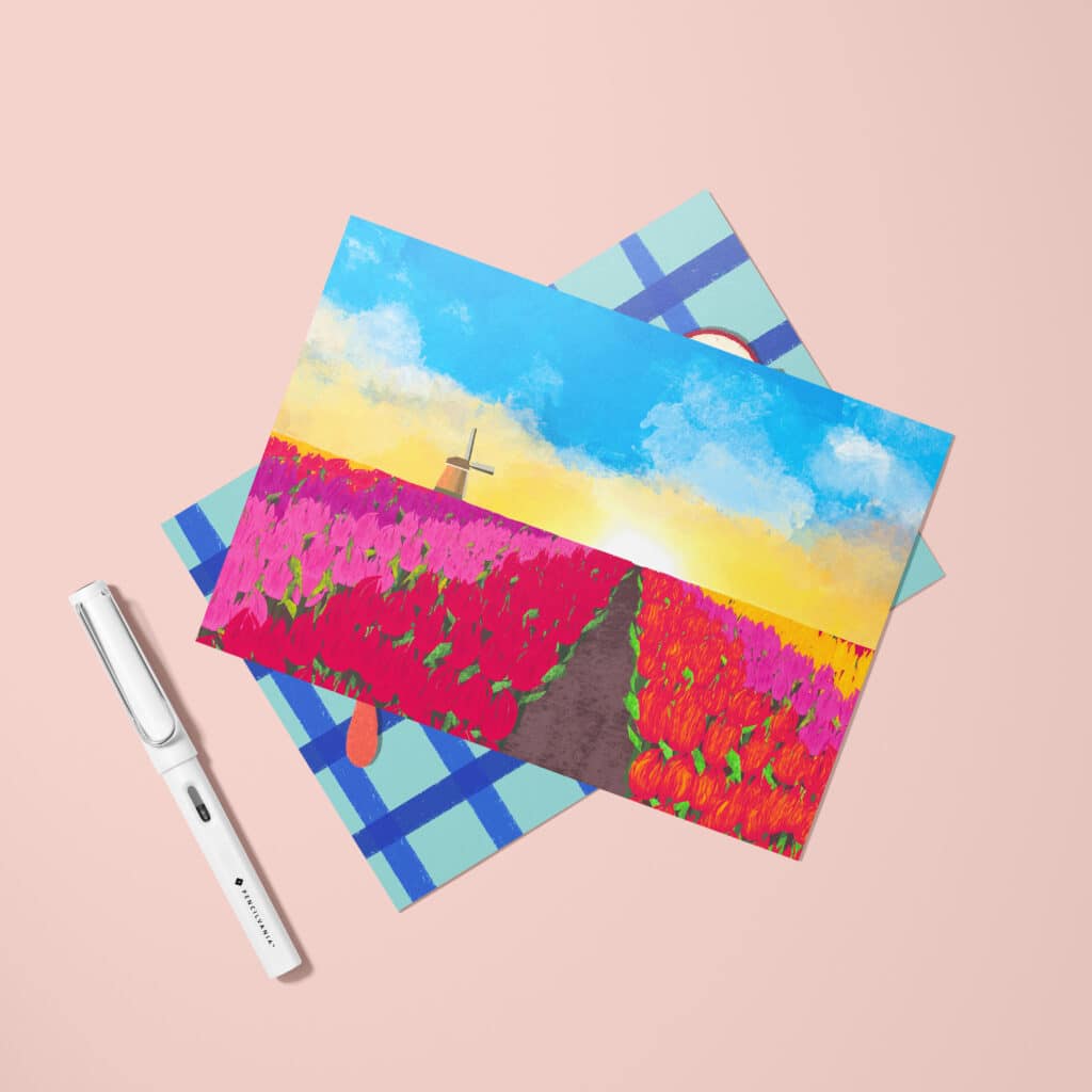 Colourful fied of Tulips postcard with pen