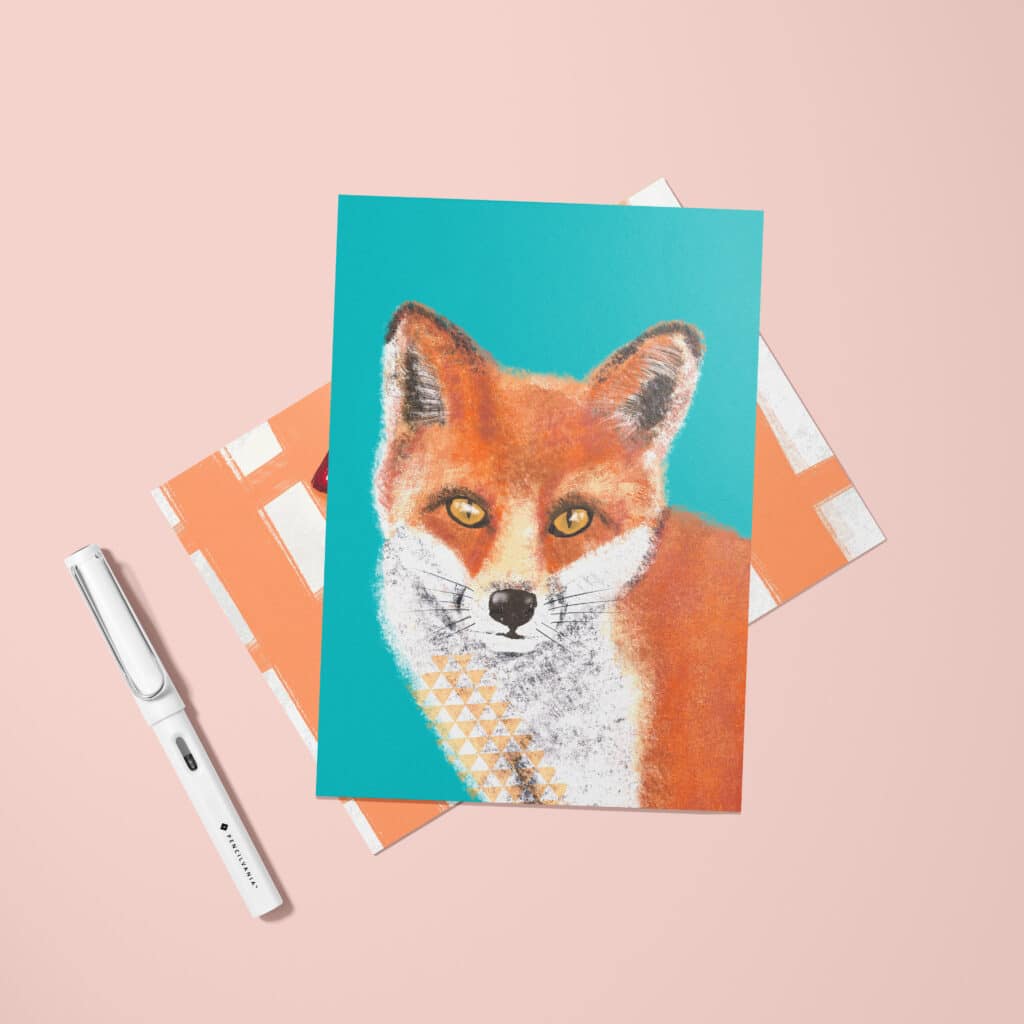 Stationery postcard with illustrated fox and white pen.